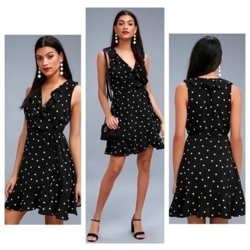 Lulu’s Nightlife Black White Polka Dot Ruffle Wrap Dress Small S AF7
